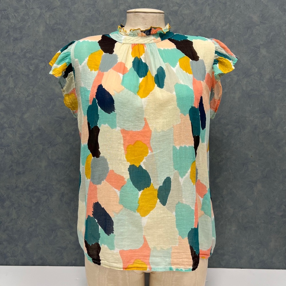 THML Ruffle Mock Neck Top Abstract Print Cap Sleeve Blouse Size‎ M *FLAW*